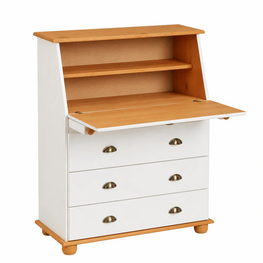 Bureau, pliable, avec rangement, avec tiroirs, coloris blanc et brun, pour l’espace de travail