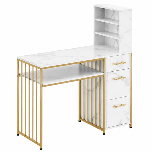 Bureau, en métal, avec tiroirs, avec étagères, coloris blanc, 43 x 108 x 125 cm, pour l’espace de travail